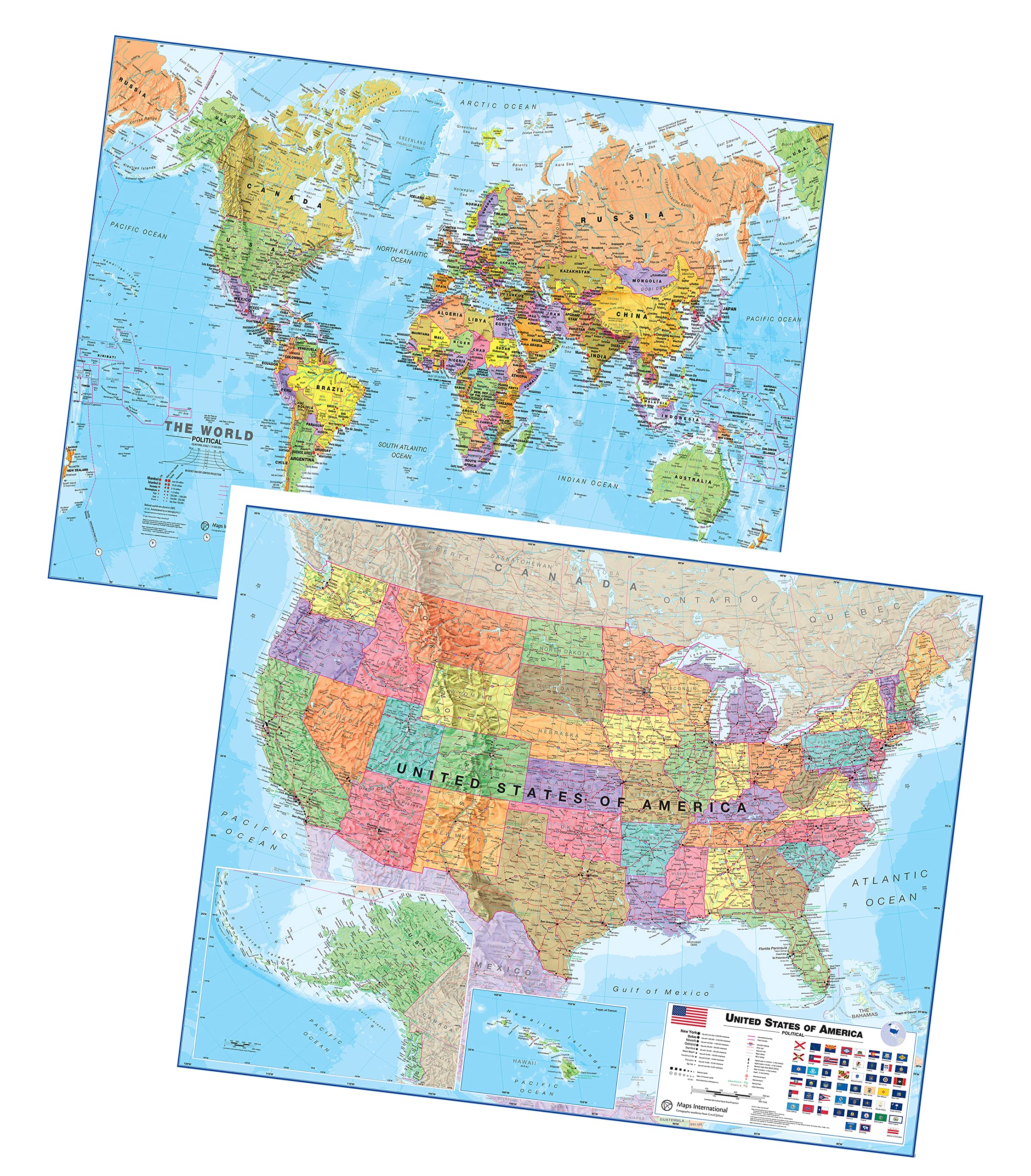 洋書 THE PRINTED MAPS Amazon.com : Laminated World Map & US Map Poster Pack - 17 x 22 in